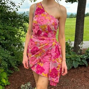 Showpo Brailey Mini One Shoulder Wrap Fromt Dresss in Pink Jacquard